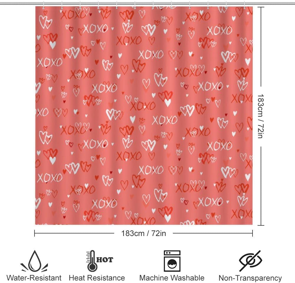 Kuizee 4-Piece Shower Curtain Set with Rugs Hearts Design