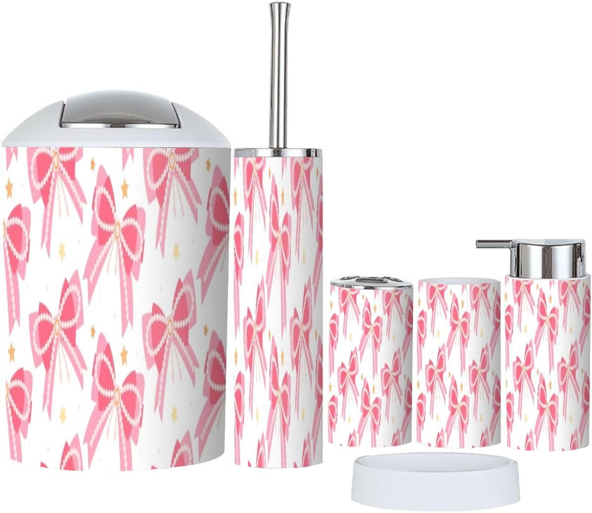 6 Piece Bathroom Accessory Set with Pink Bows and Yellow Stars