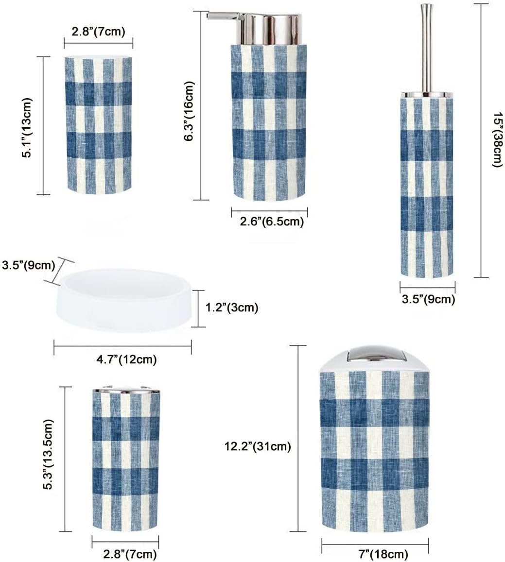 Boho Bathroom Accessory Set 6 Piece Blue Gingham 1