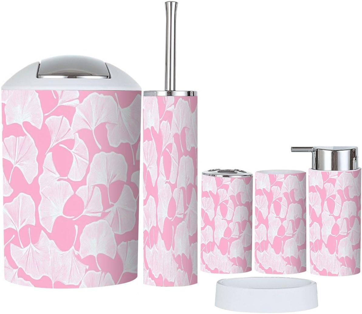 Boho Bathroom Accessory Set 6 Piece White Ginkgo Leaves