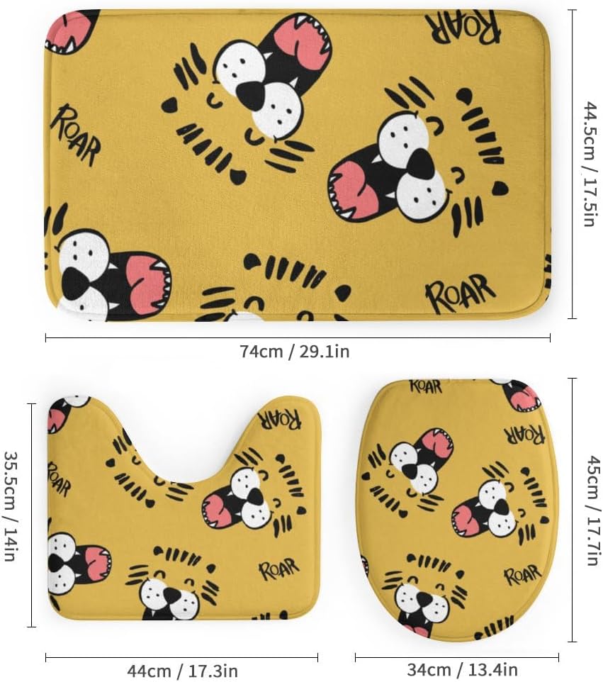 Kuizee Cartoon Tiger Face Shower Curtain Set with 4 Piece Rugs