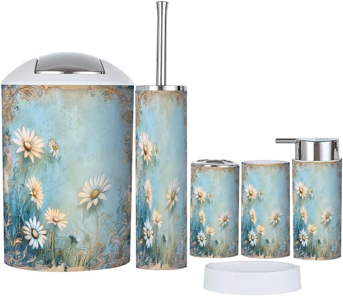 Ornate White Daisies Bathroom Accessory Set 6 Piece 1