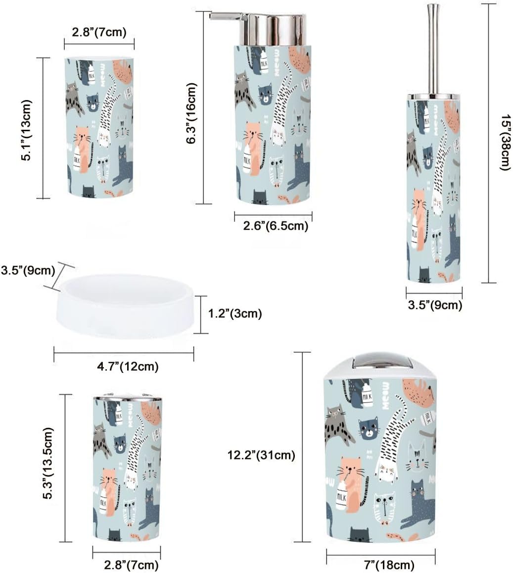6 Piece Bathroom Accessory Set with Funny Cat Design