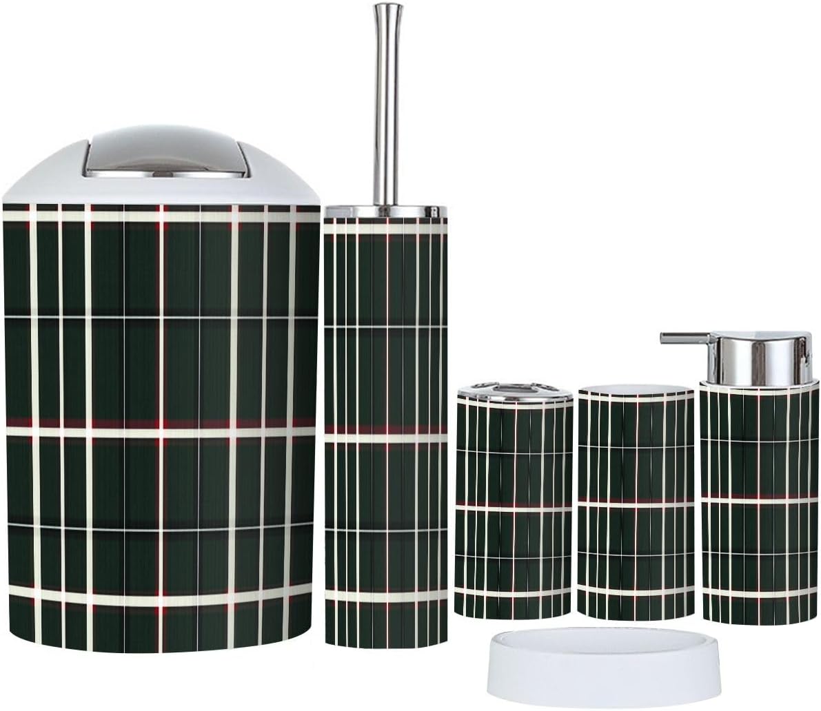 Boho Bathroom Accessory Set 6 Piece with Tartan Plaid Design