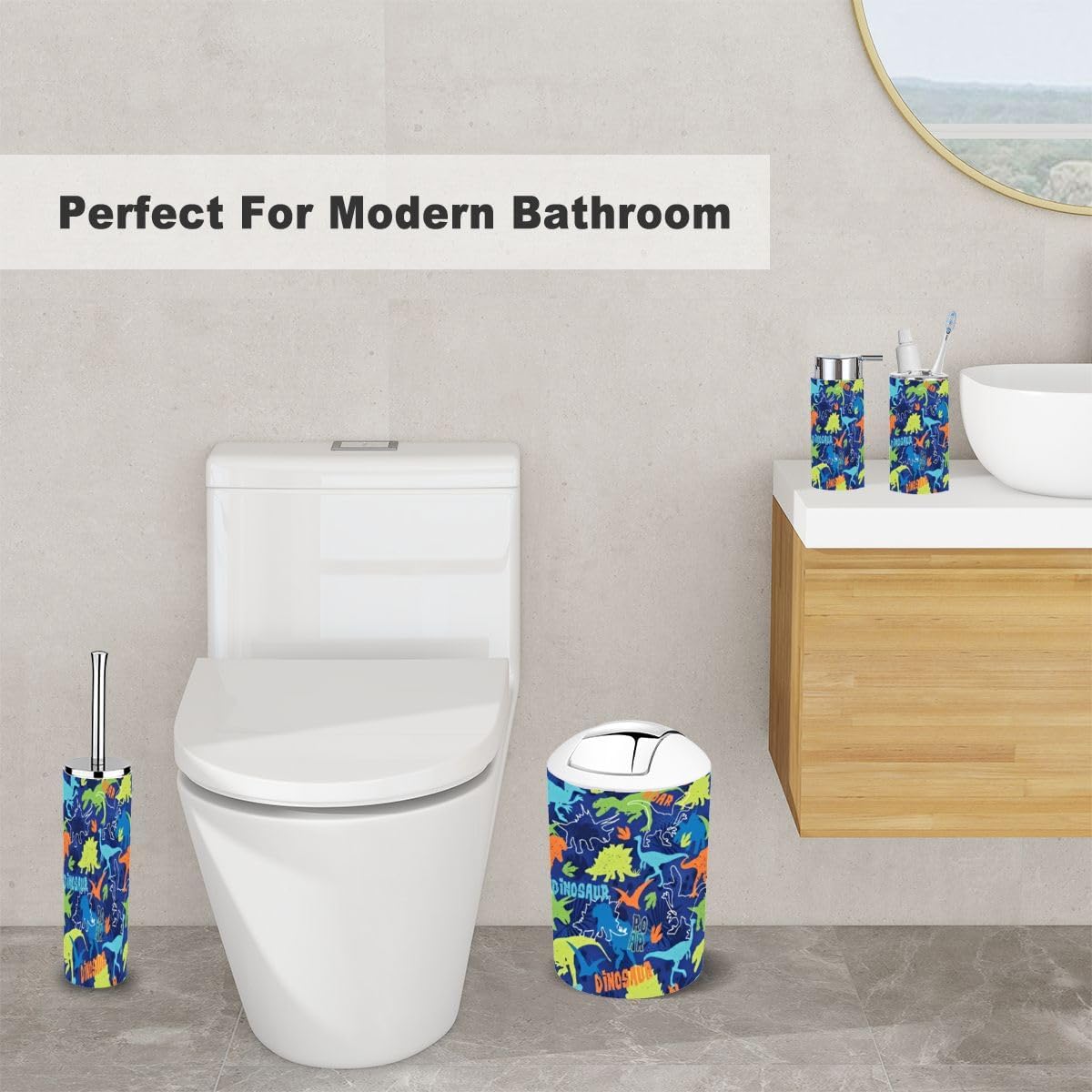 6 Piece Bathroom Accessory Set with Dinosaur Print 1