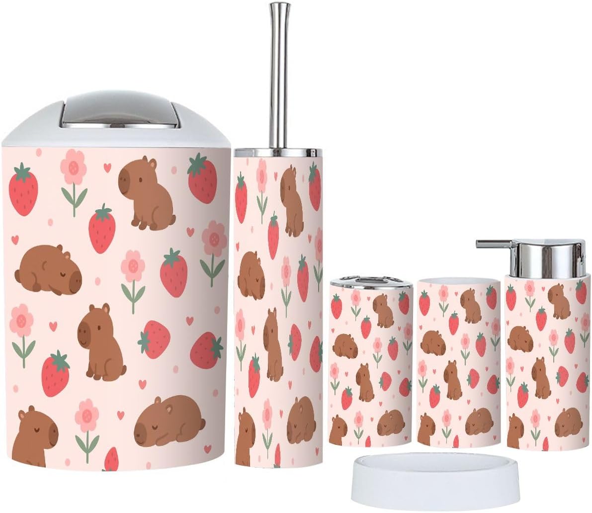 Boho Cute Strawberry Pink Hearts Bathroom Accessory Set 6 Piece