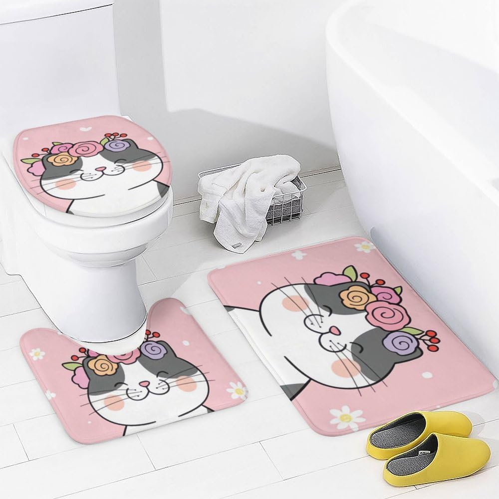 Kuizee 4-Piece Happy Cat Flower Shower Curtain Set with Rugs and Hooks