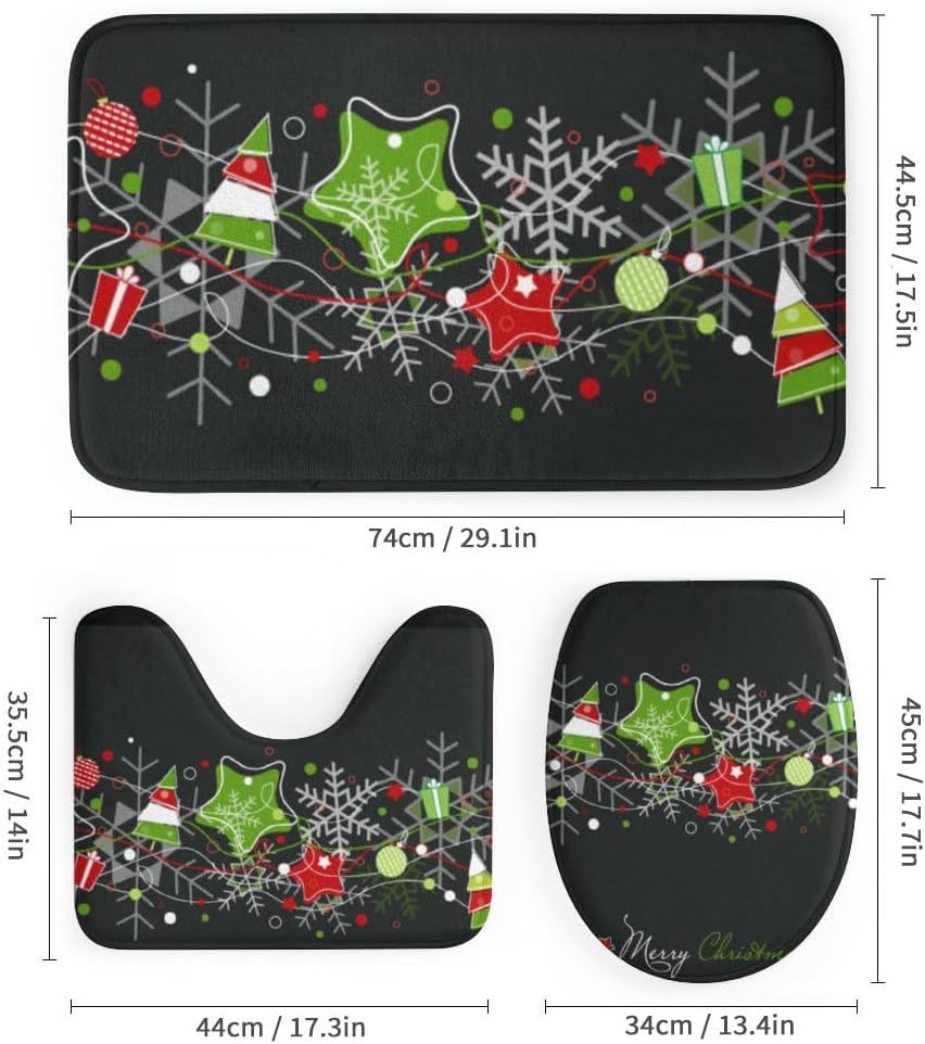 Kuizee 4-Piece Shower Curtain Set with Rugs Christmas Stars Snowflakes
