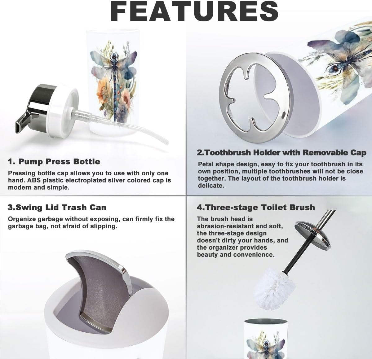 6 Piece Watercolor Dragonfly Bathroom Accessory Set