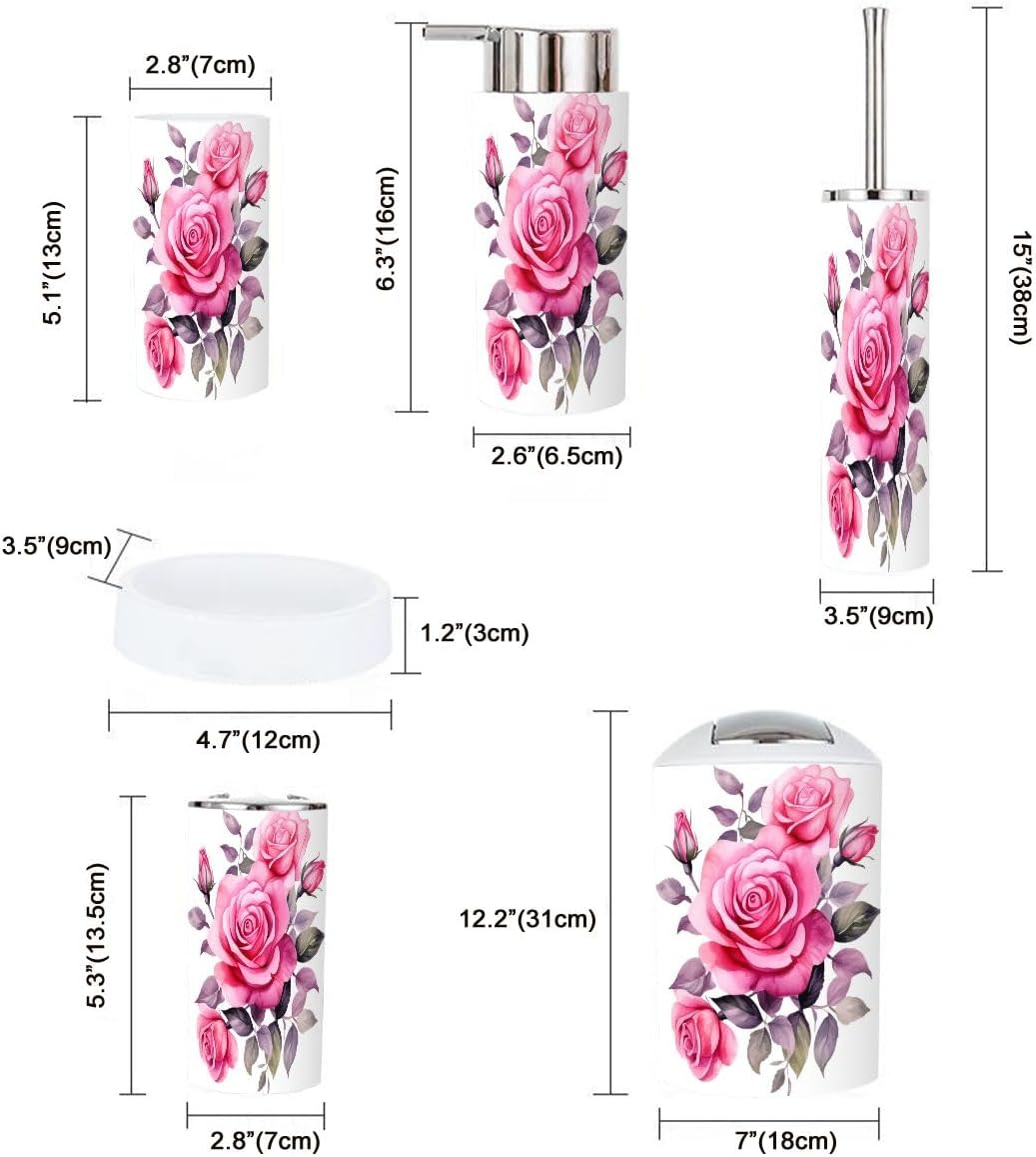 Pink Rose Flower Bathroom Accessory Set 6 Piece