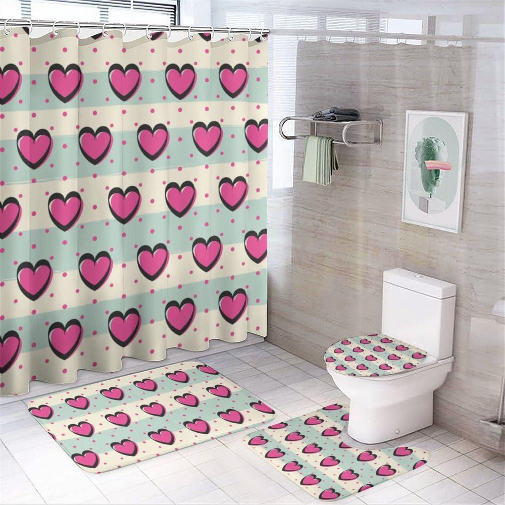 Kuizee Romantic Hearts Shower Curtain Set with 4 Pieces Rugs