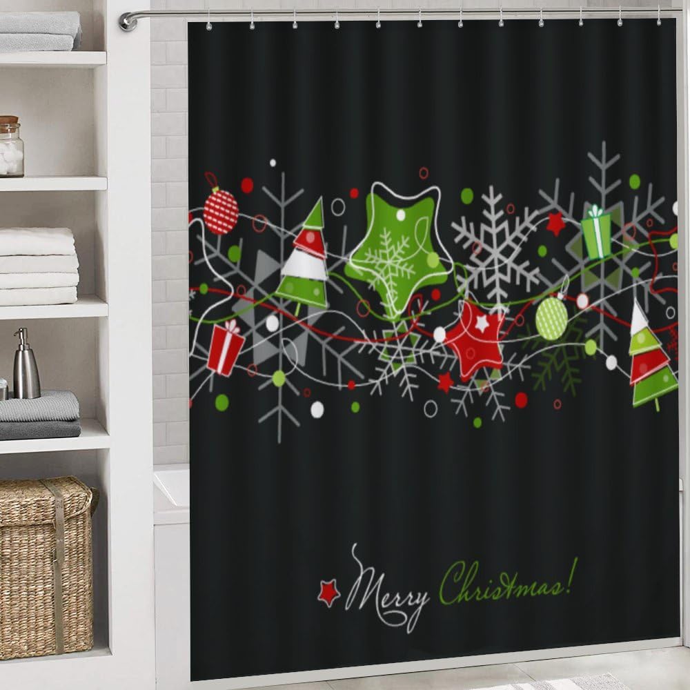 Kuizee 4-Piece Shower Curtain Set with Rugs Christmas Stars Snowflakes