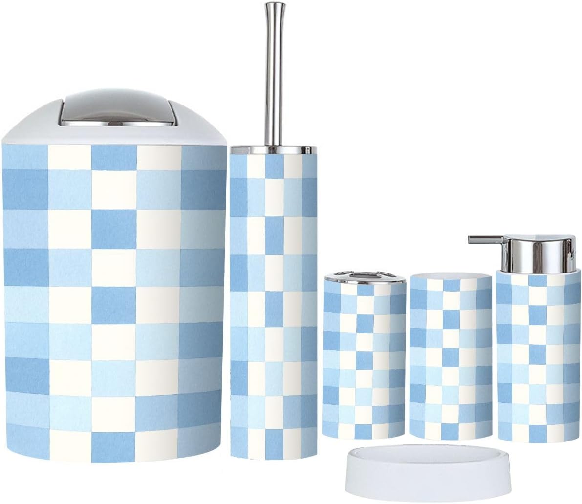 Boho Blue Checkered Bathroom Accessory Set of 6