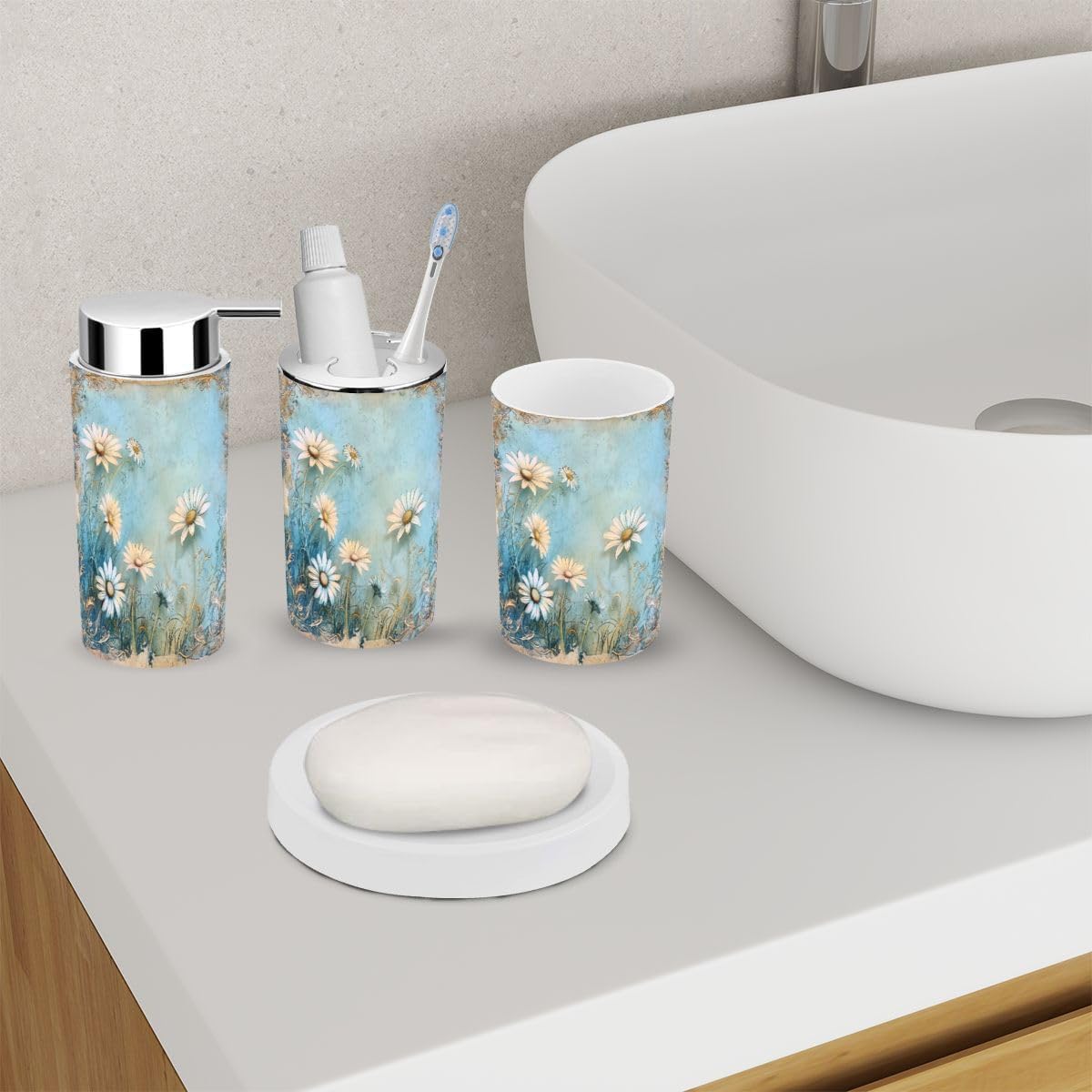 Ornate White Daisies Bathroom Accessory Set 6 Piece 1