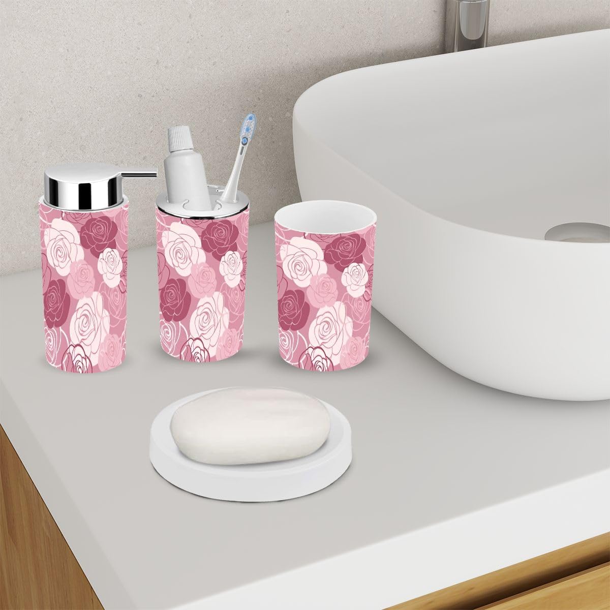 6 Piece Bathroom Accessory Set with Roses Design 1