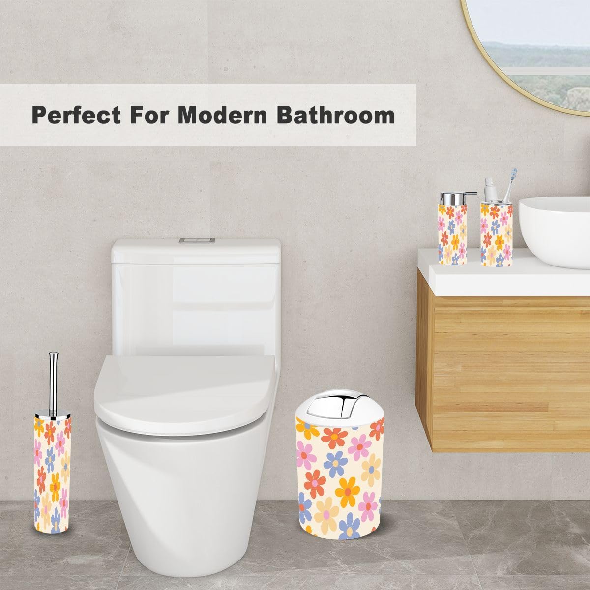 Retro Floral Bathroom Accessory Set 6 Piece 1