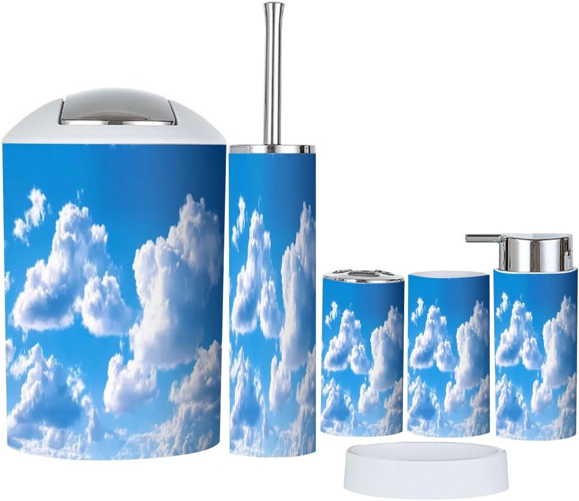 Boho Bathroom Accessory Set 6 Piece Clouds Blue Sky