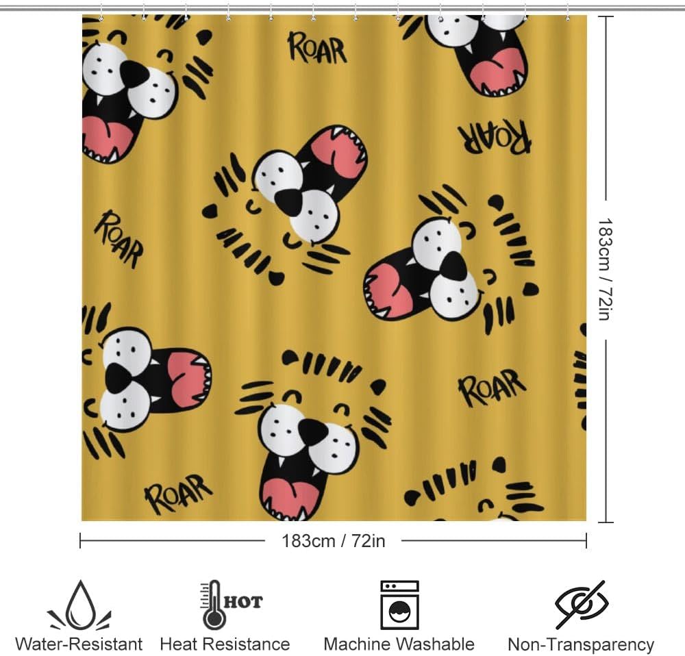 Kuizee Cartoon Tiger Face Shower Curtain Set with 4 Piece Rugs