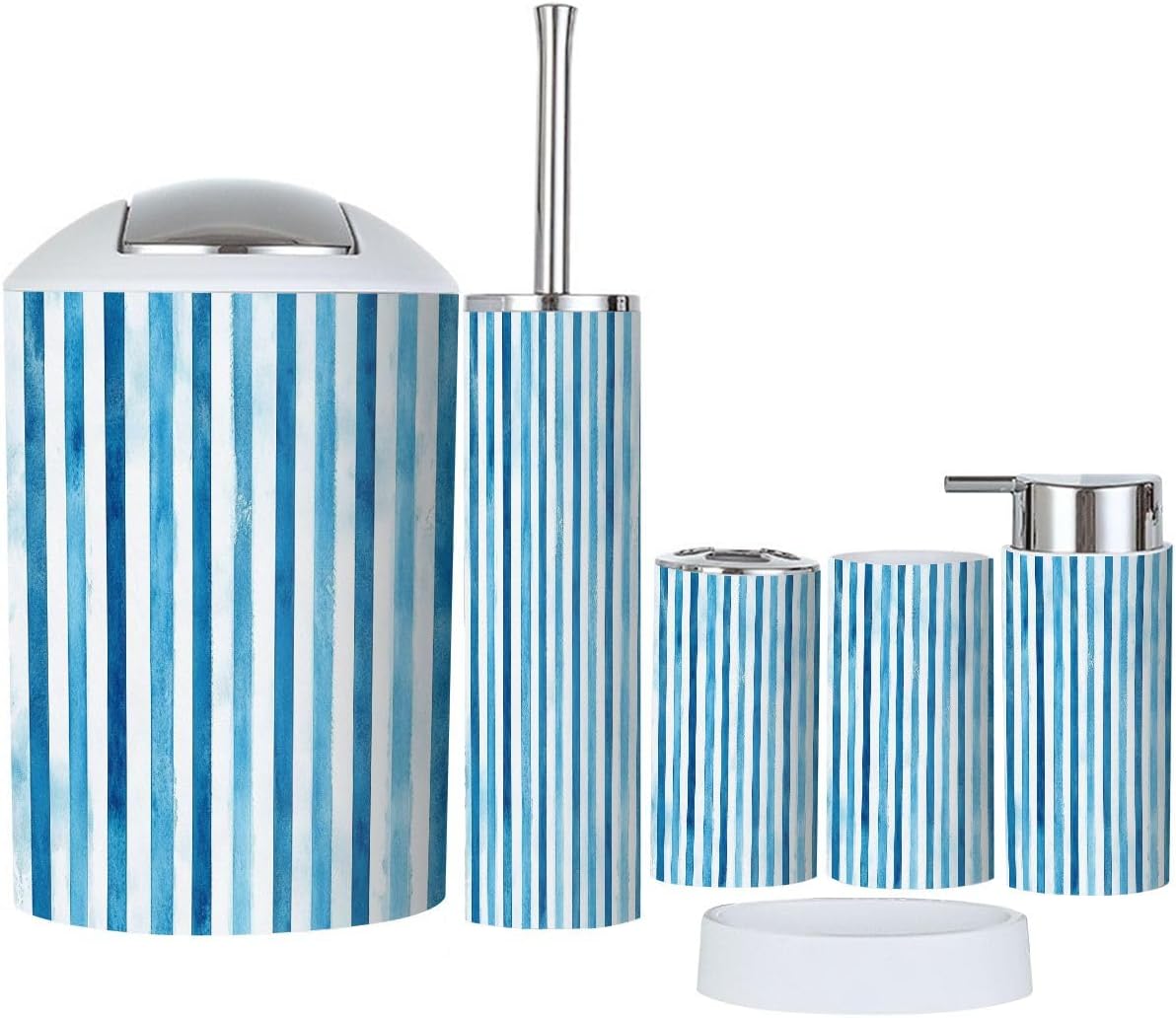 Boho Bathroom Accessory Set 6 Piece Teal Blue Stripes