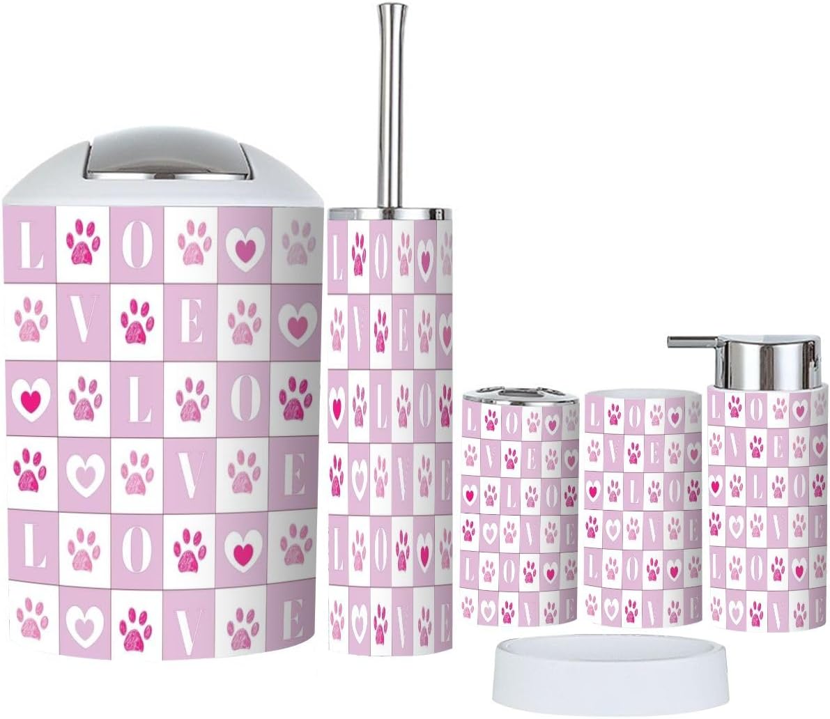 Cute Plaid Heart Bathroom Accessory Set 6 Piece