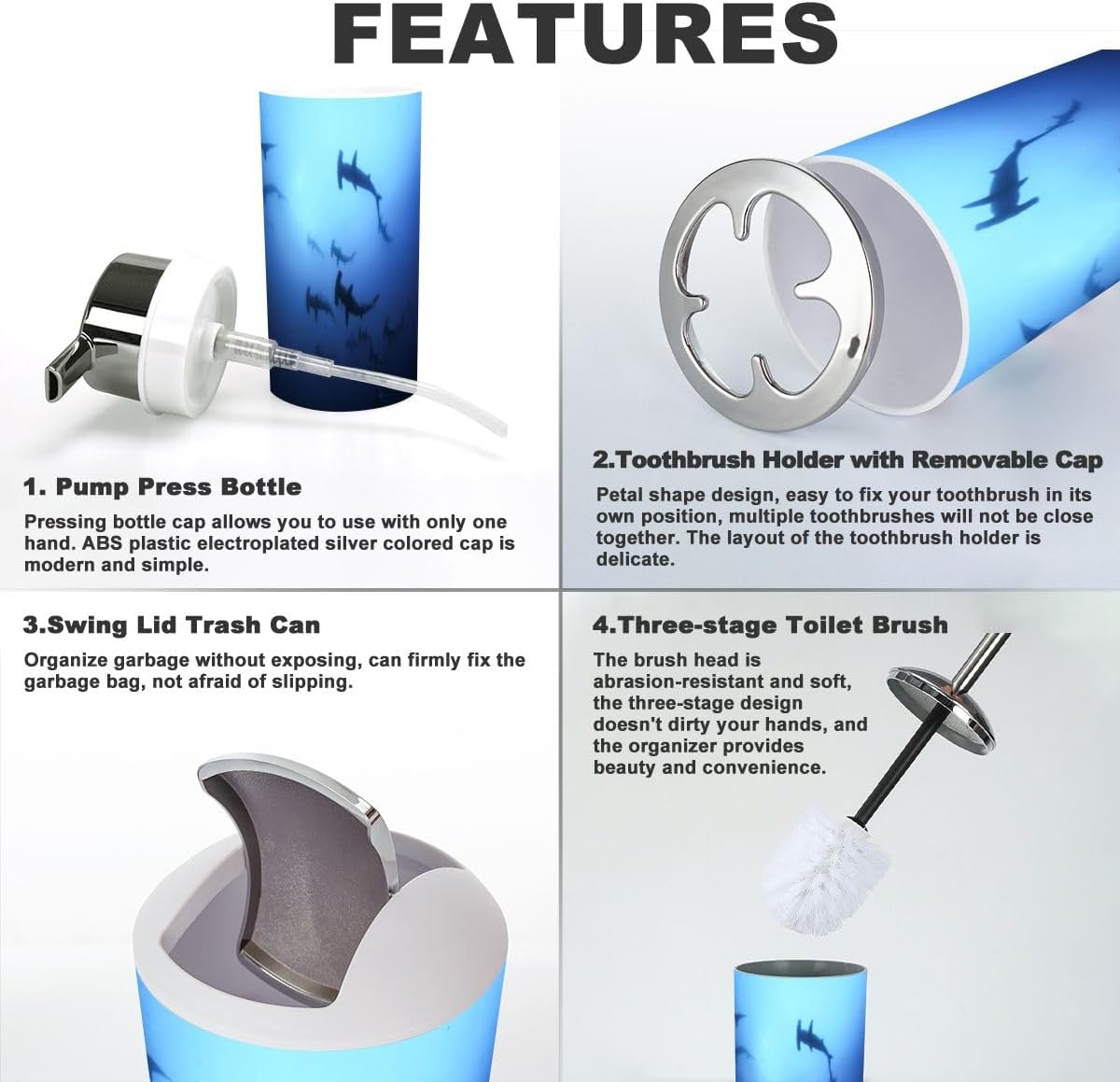 6 Piece Bathroom Accessory Set with Shark Design 1
