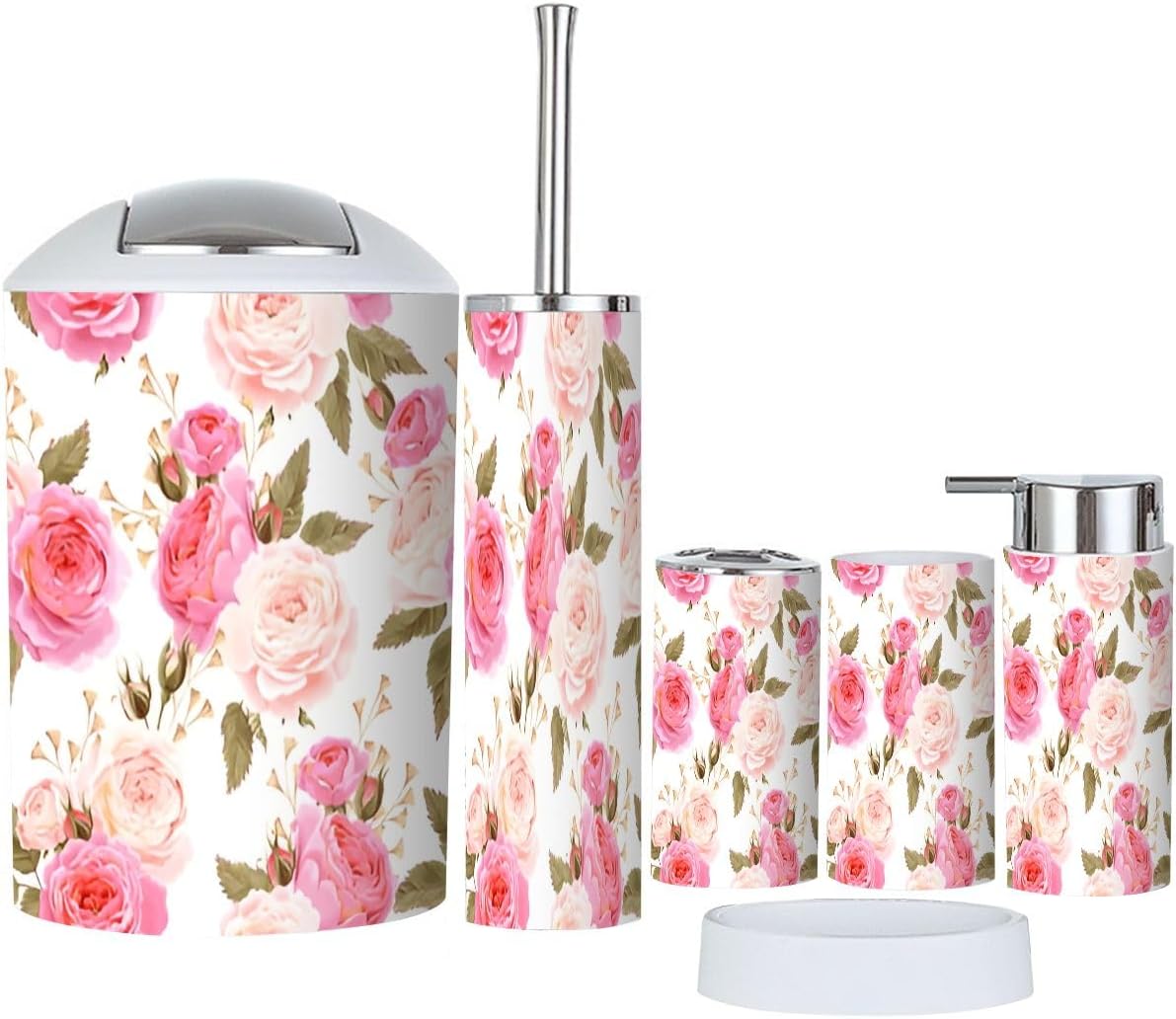 6 Piece Bathroom Accessory Set with English Roses Design 1