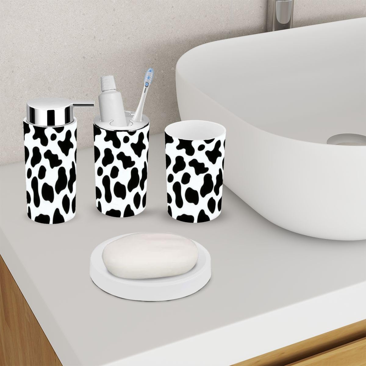 6-Piece Bathroom Accessory Set with Milk Cow Skin Pattern
