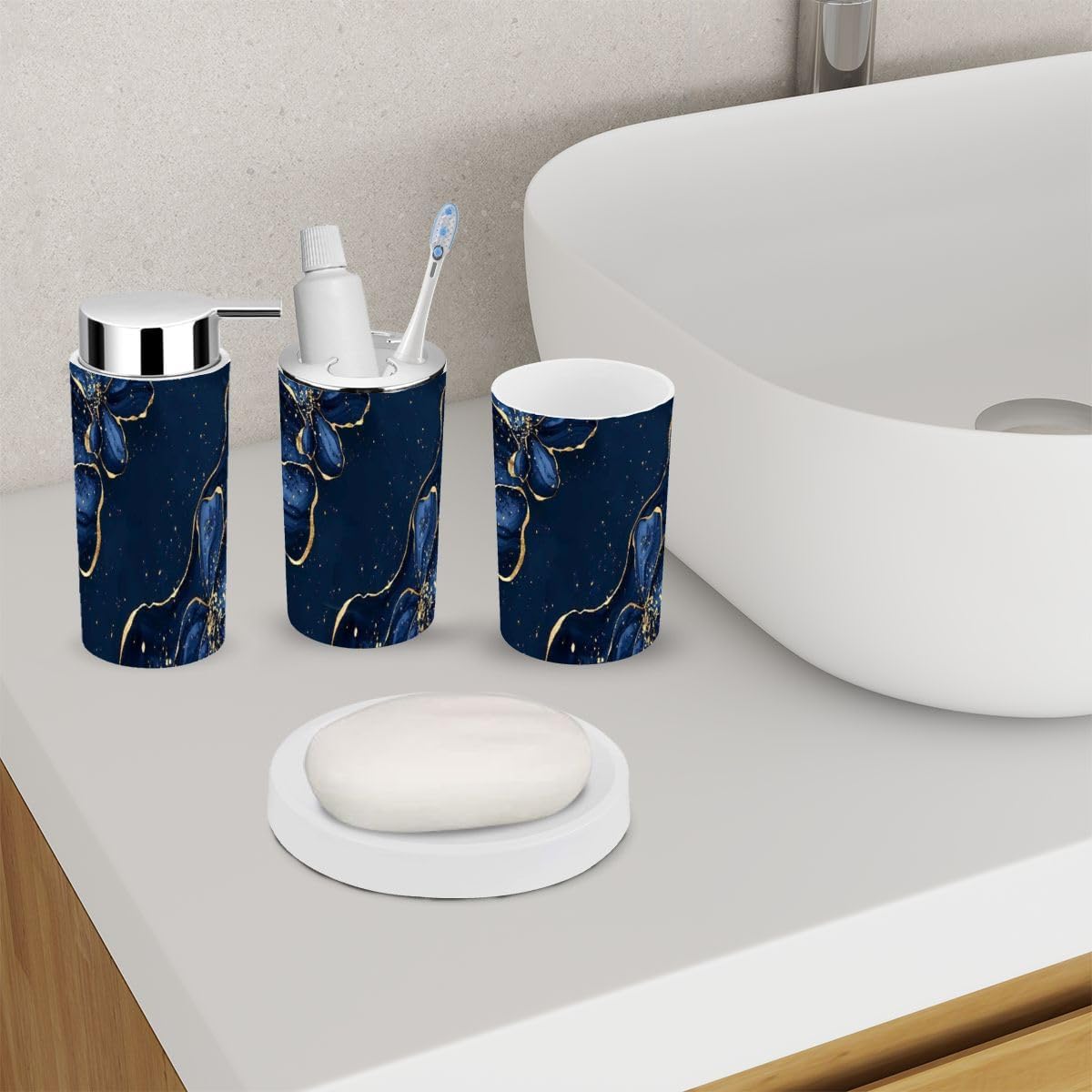 Navy Blue Marbled Bathroom Accessory Set 6 Piece