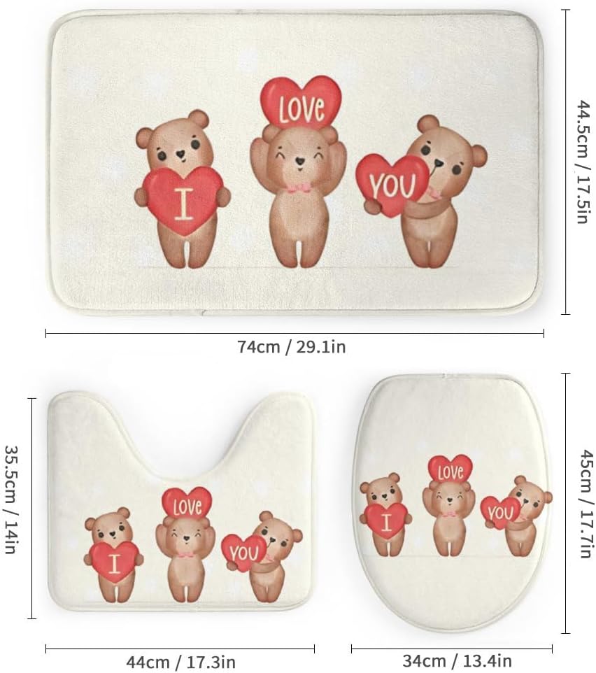 Kuizee 4-Piece Shower Curtain Set with Brown Teddy Bear Rugs