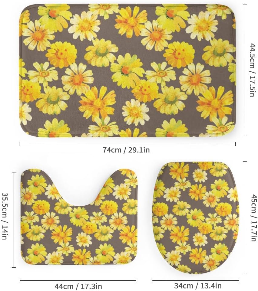 Kuizee 4 Piece Shower Curtain Set with Rugs Chamomile Floral Yellow