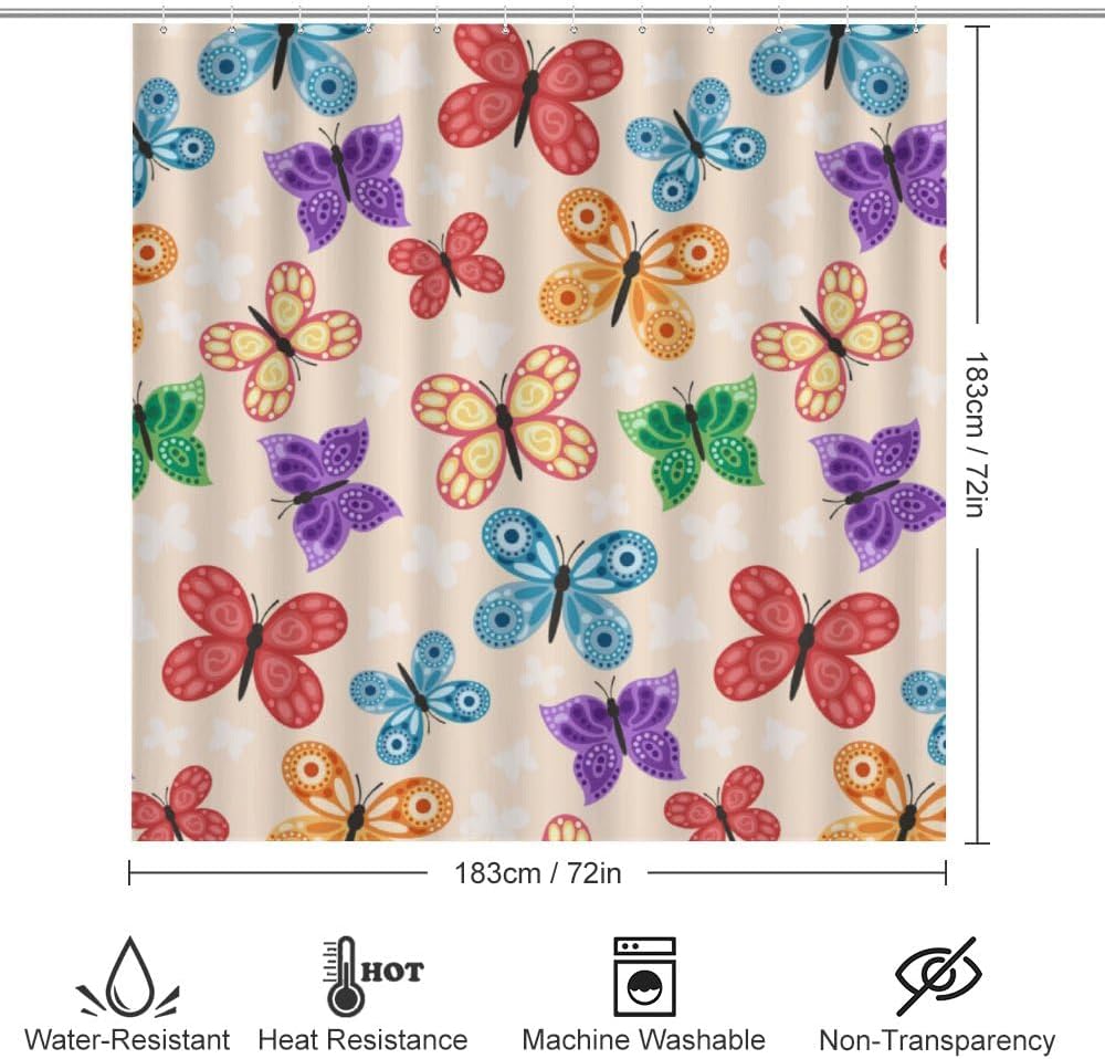 Kuizee 4-Piece Butterfly Shower Curtain Set with Non-Slip Bath Rugs