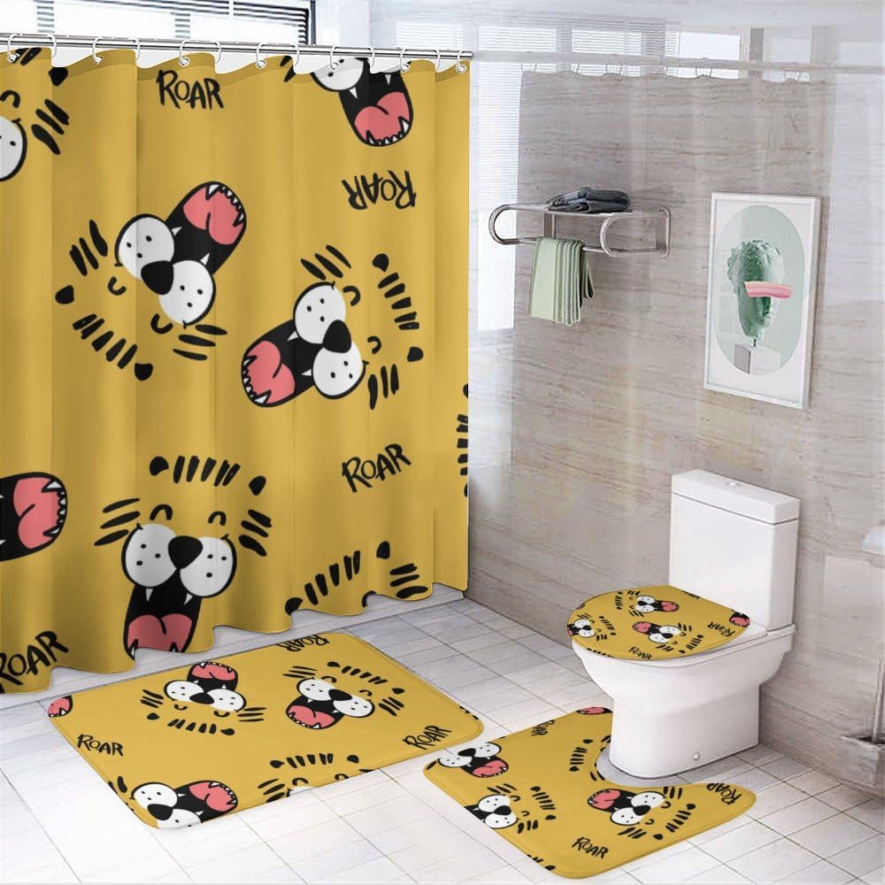 Kuizee Cartoon Tiger Face Shower Curtain Set with 4 Piece Rugs