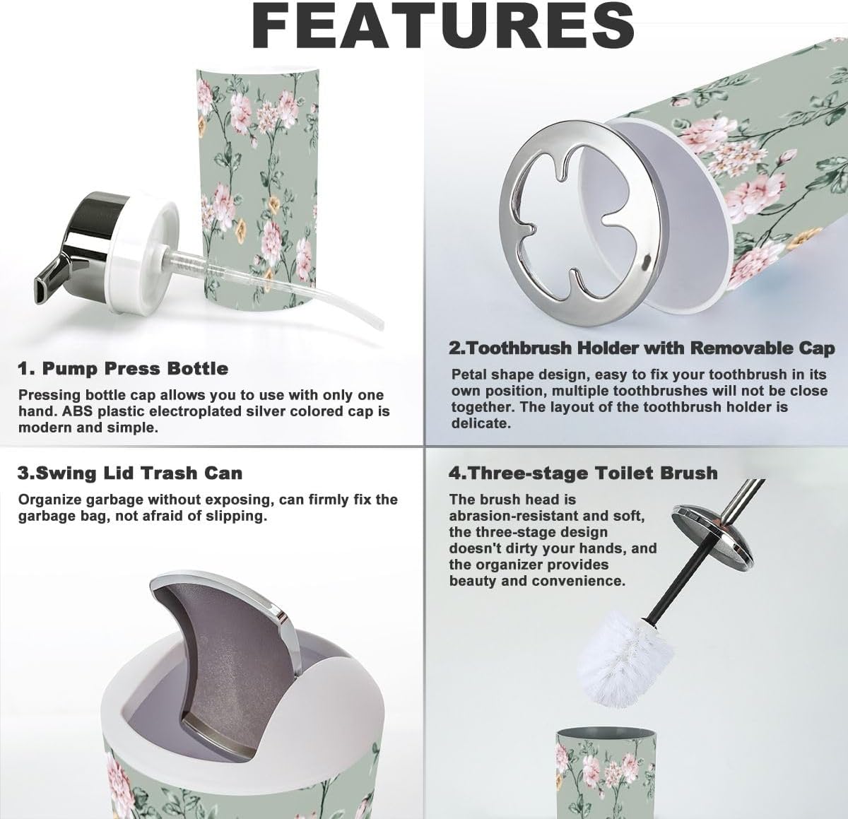 6 Piece Bathroom Accessory Set Pink Brown Flowers Green Leaves