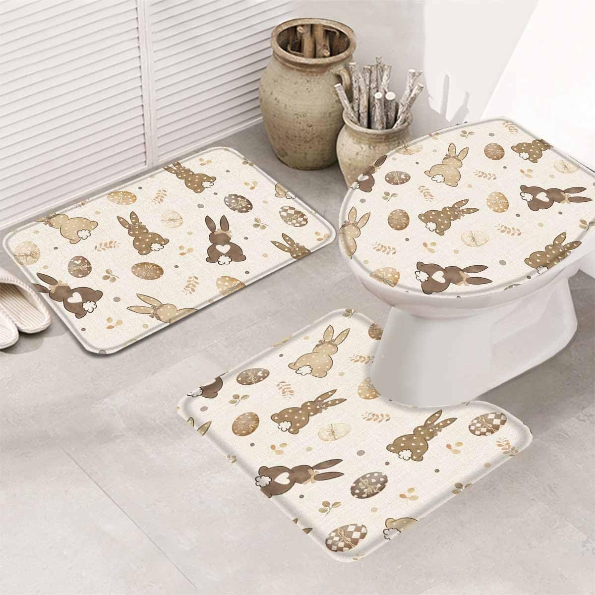 Wotrend Easter Bath Rugs Set Love Heart Brown Bunny Egg Linen Texture