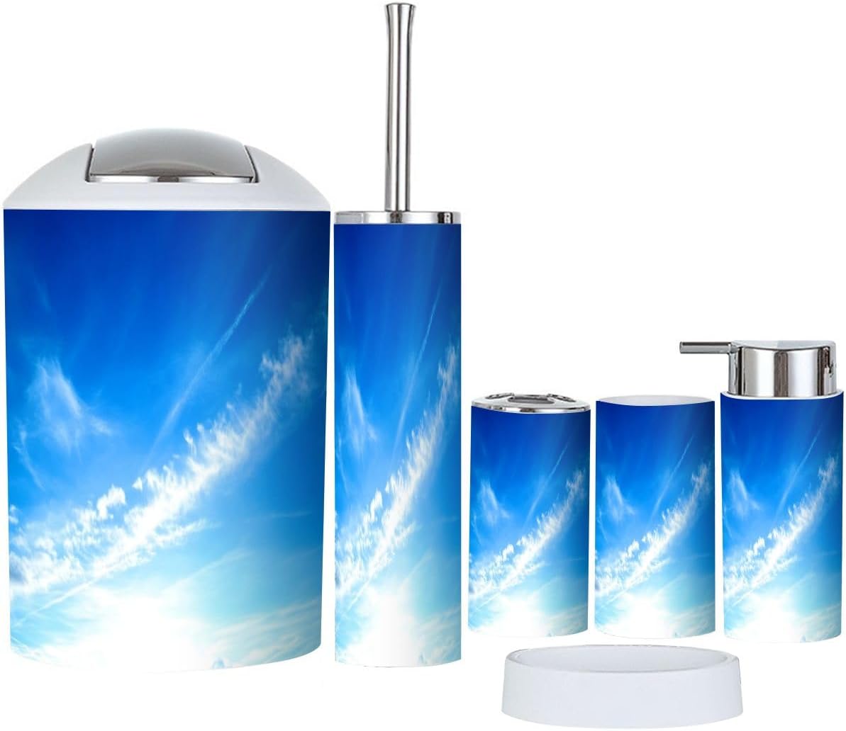 Boho Blue Sky Clouds Bathroom Accessory Set 6 Piece