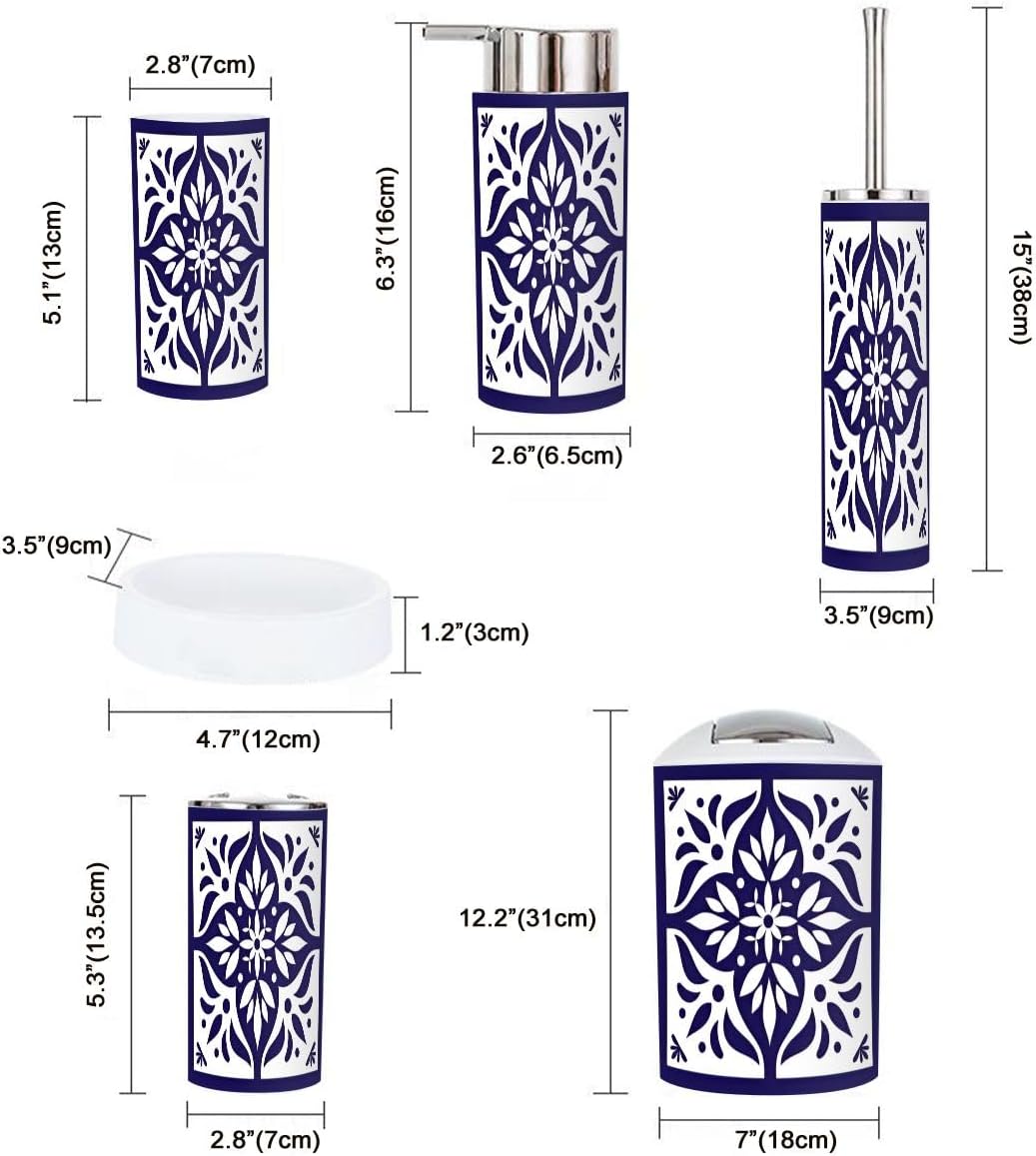 6 Piece Bathroom Accessory Set Blue White Tile Delft Style