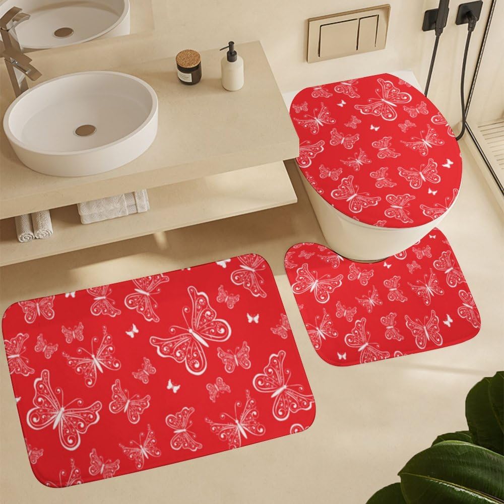 Kuizee 4 Piece Red Butterfly Shower Curtain Set with Non-Slip Rugs