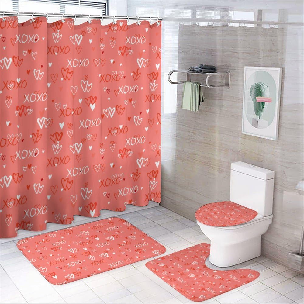 Kuizee 4-Piece Shower Curtain Set with Rugs Hearts Design