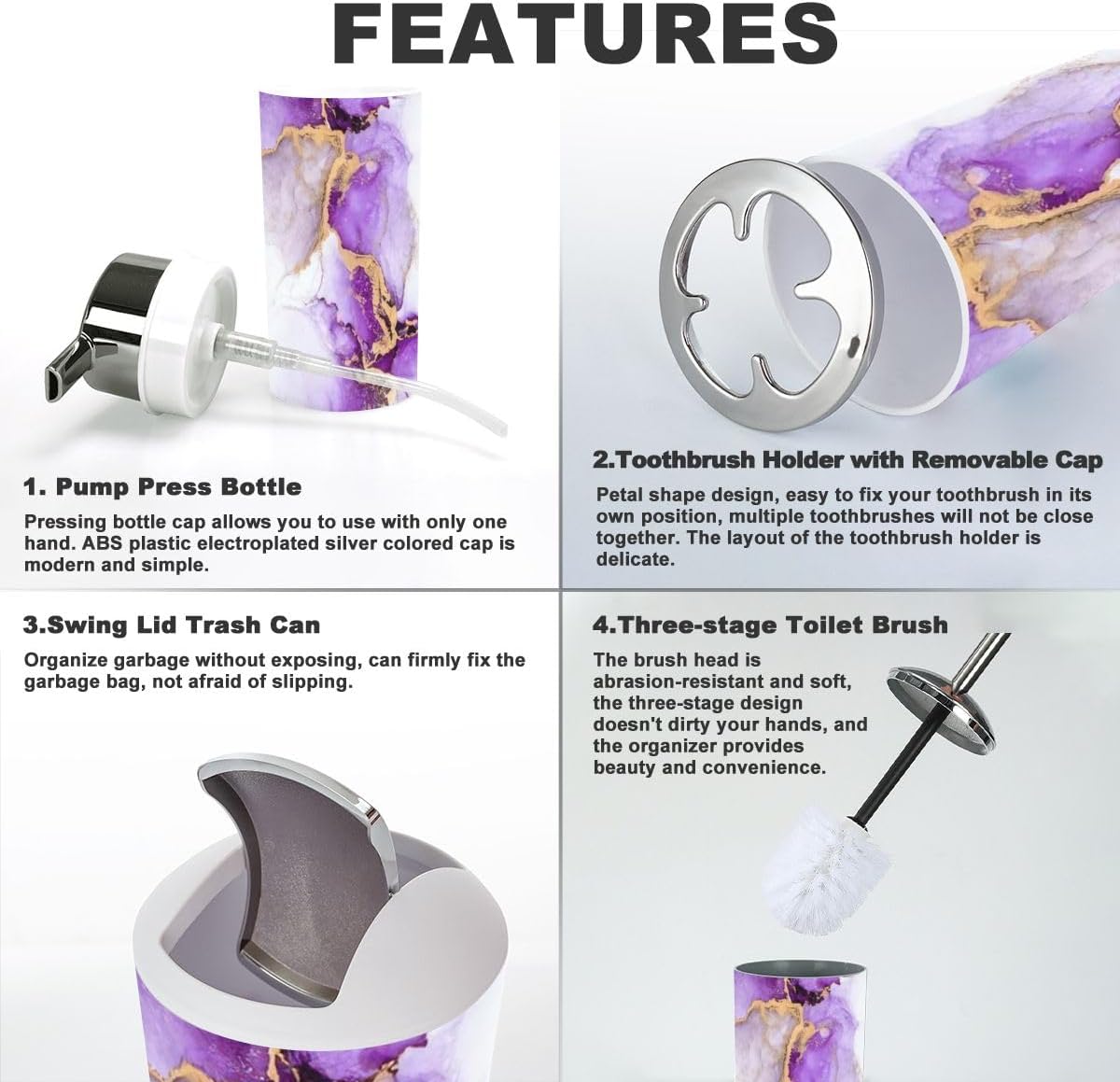 6 Piece Purple Gold Marble Bathroom Accessories Set