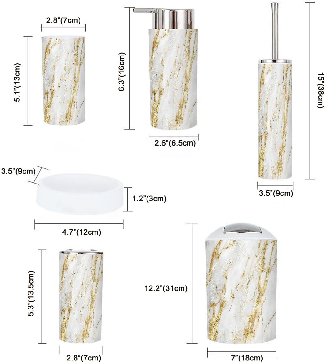 Boho White Gold Marble Bathroom Accessory Set 6 Piece