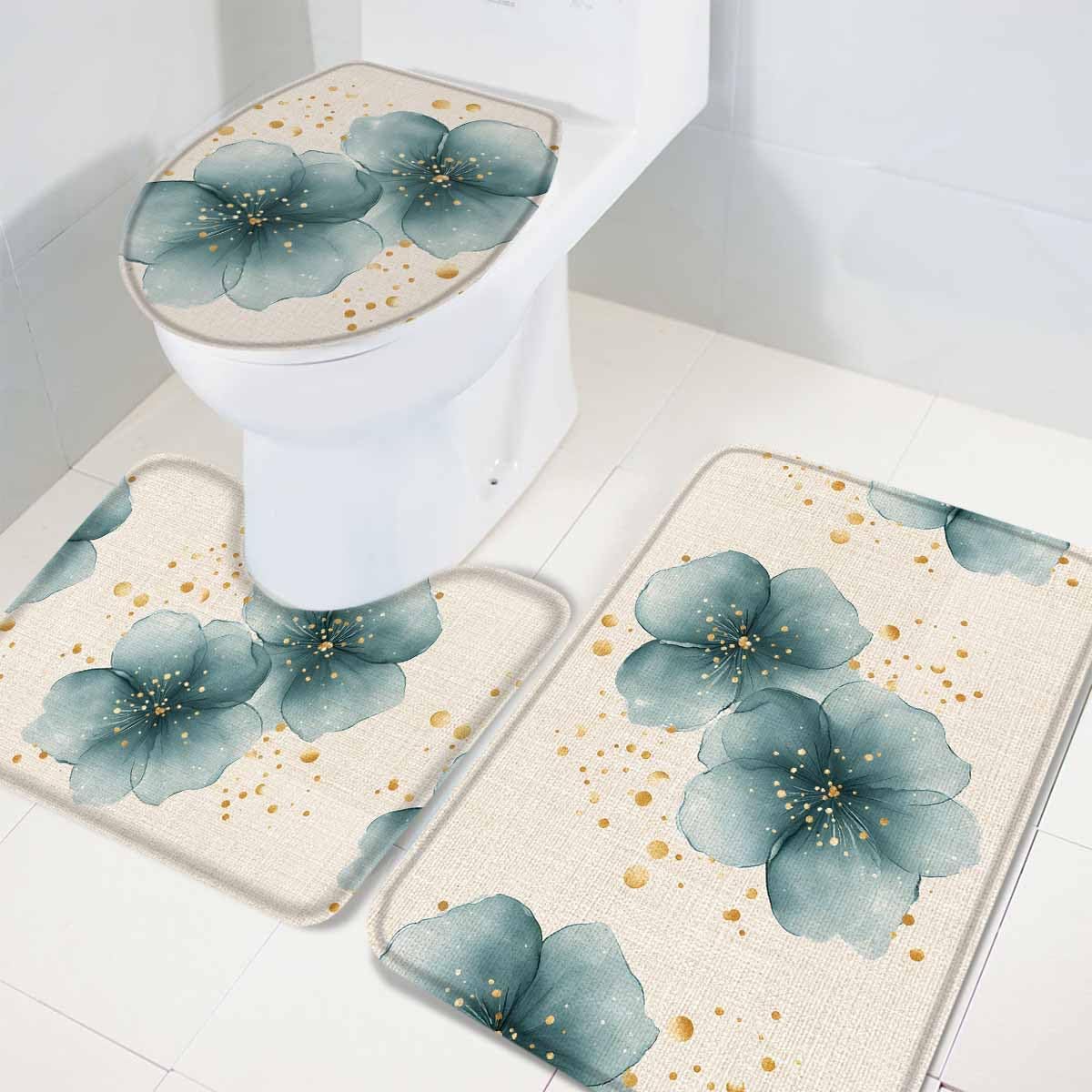 Wotrend Spring 3 Piece Bath Rug Set Modern Floral Linen Texture