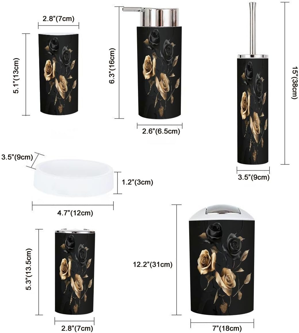 Boho Gold Black Roses Bathroom Accessory Set 6 Piece