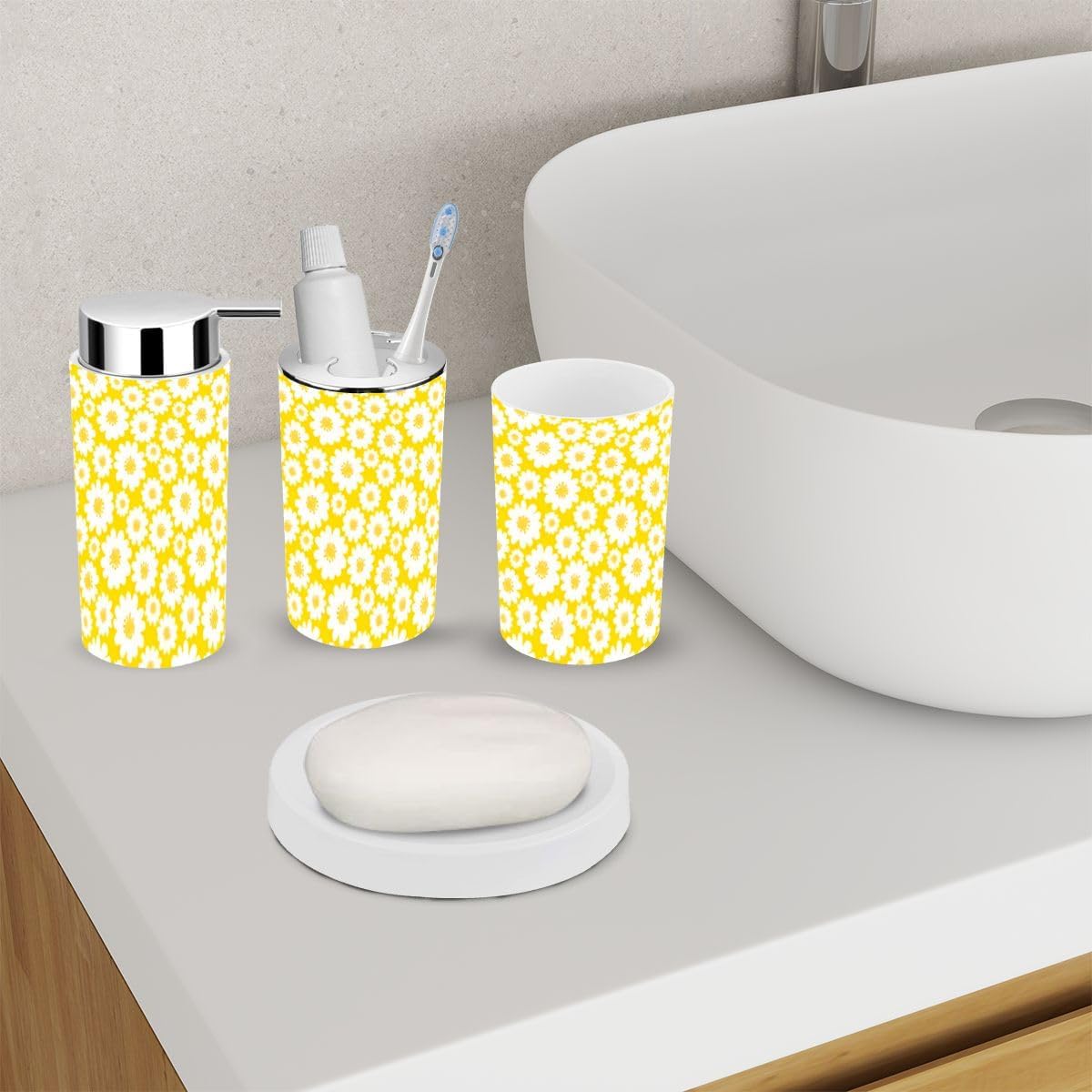6 Piece White Daisies Bathroom Accessories Set