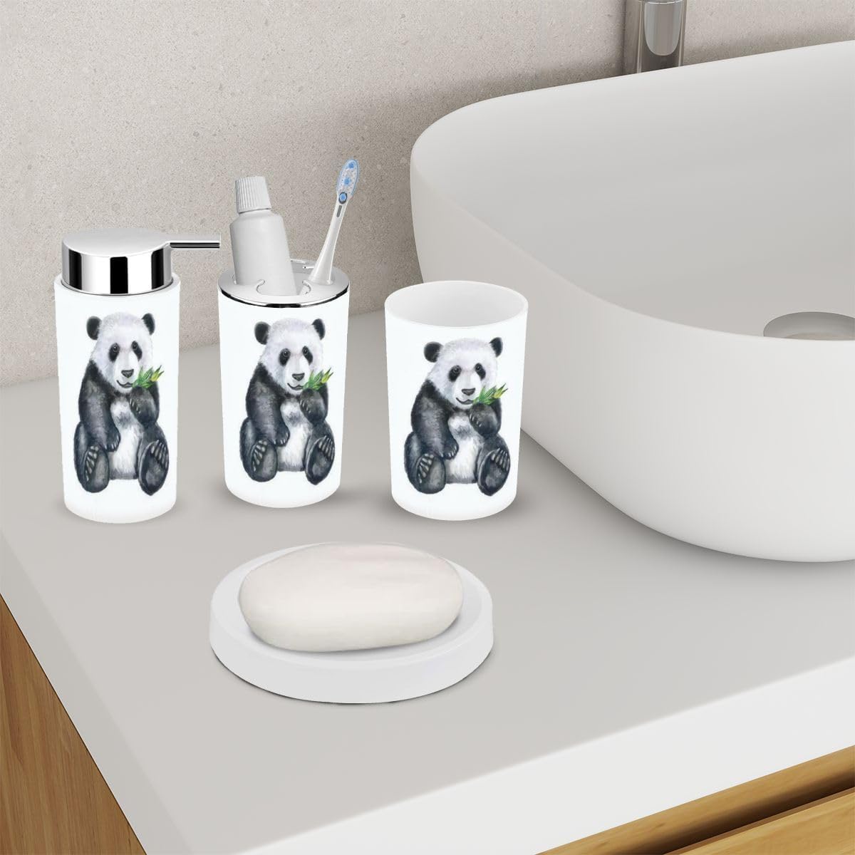 Cute Panda Bamboo Bathroom Accessory Set 6 Piece