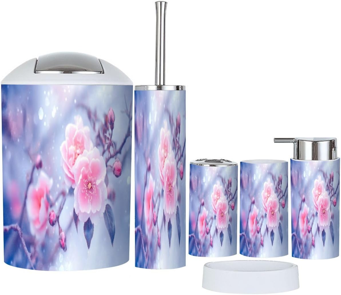 Boho Style 6-Piece Bathroom Accessory Set with Pink Roses