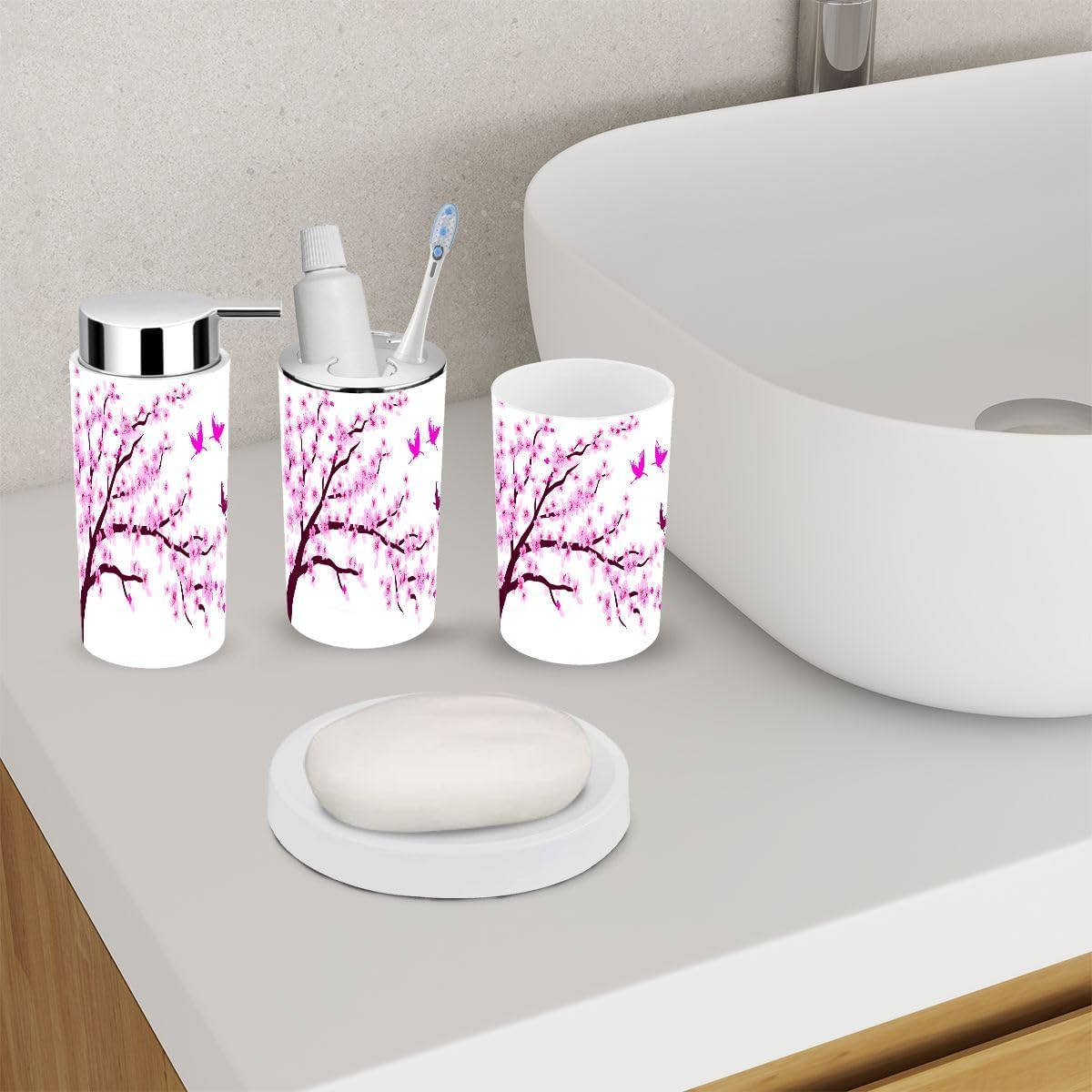 Cherry Blossom Birds Bathroom Accessory Set 6 Piece 1
