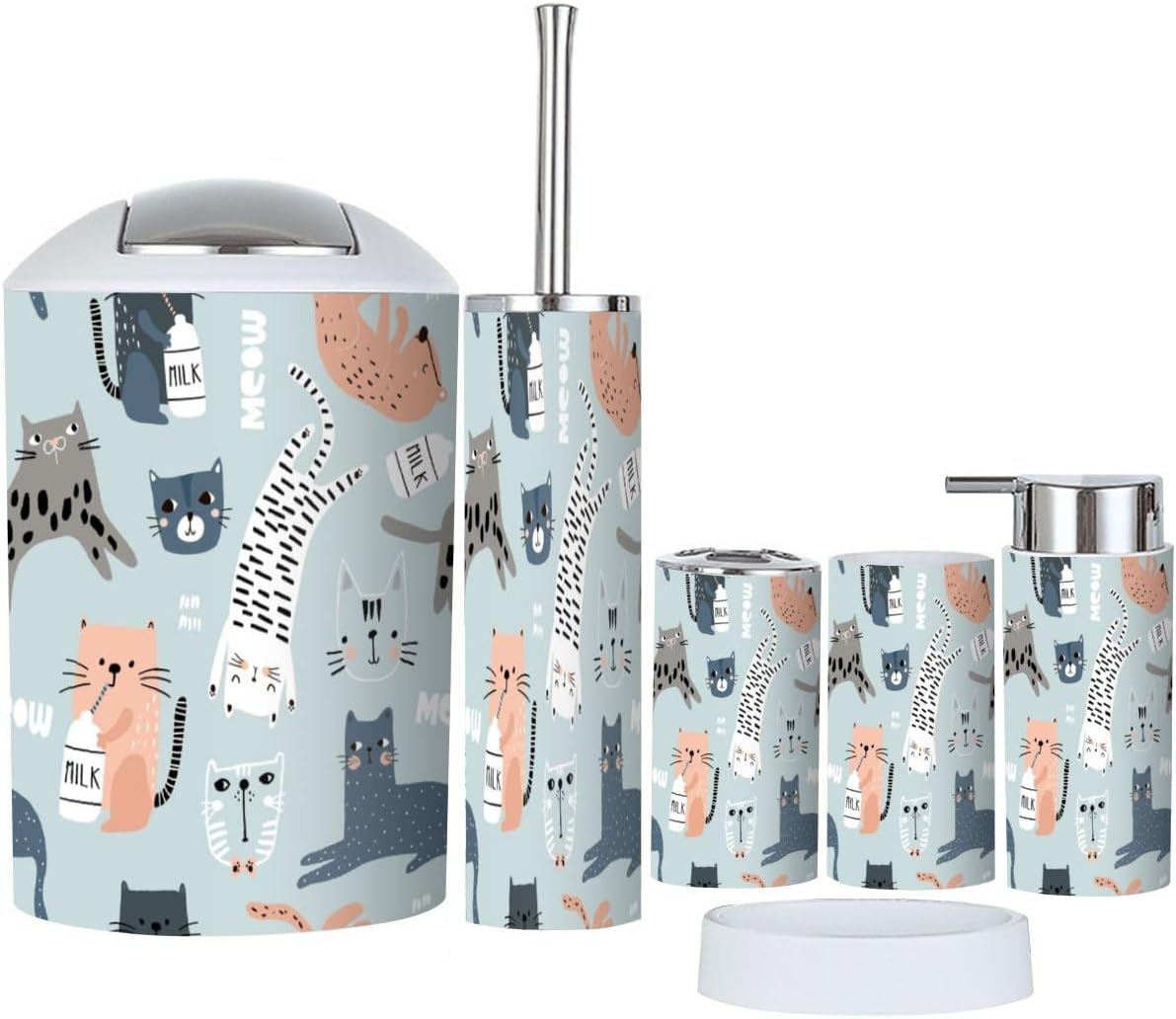 6 Piece Bathroom Accessory Set with Funny Cat Design