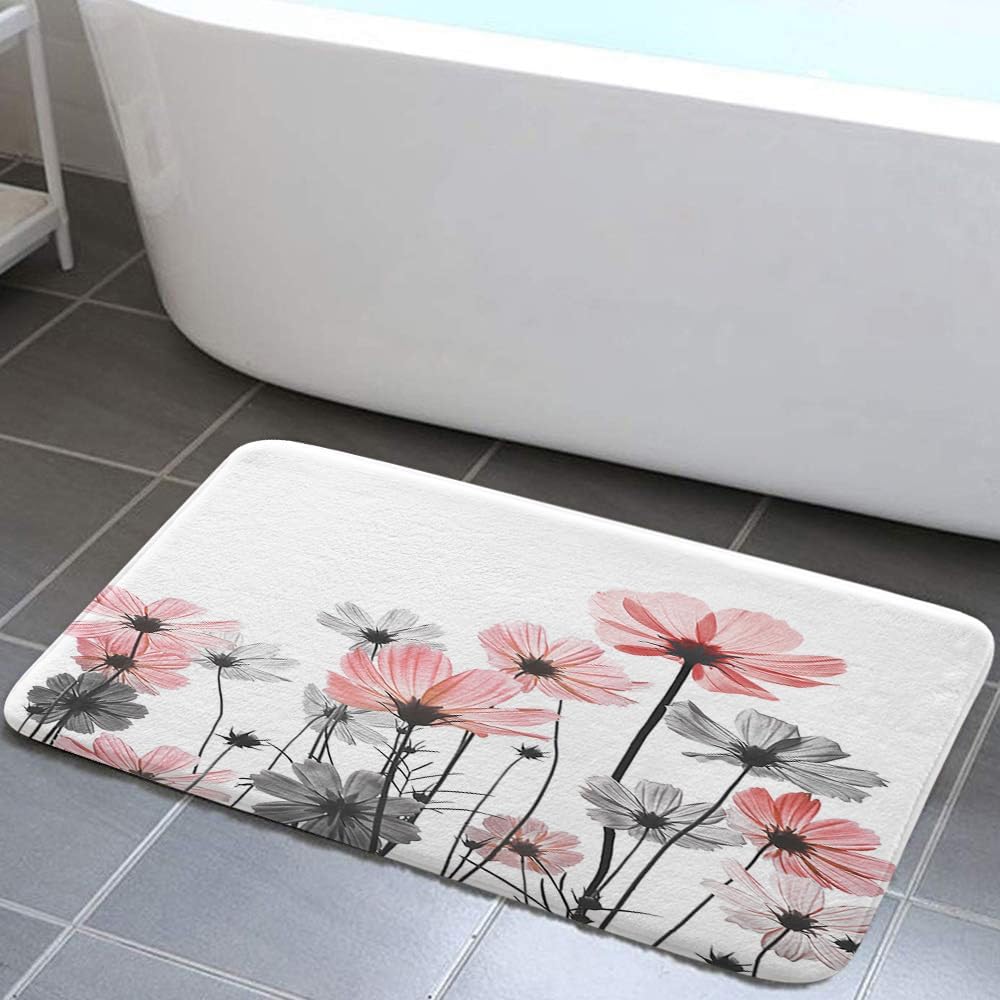 Pink Floral Bath Rug Rustic Grey Daisy Design