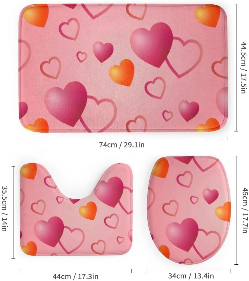 Kuizee Heart Pattern Shower Curtain Set with 4 Pieces Non-Slip Rugs