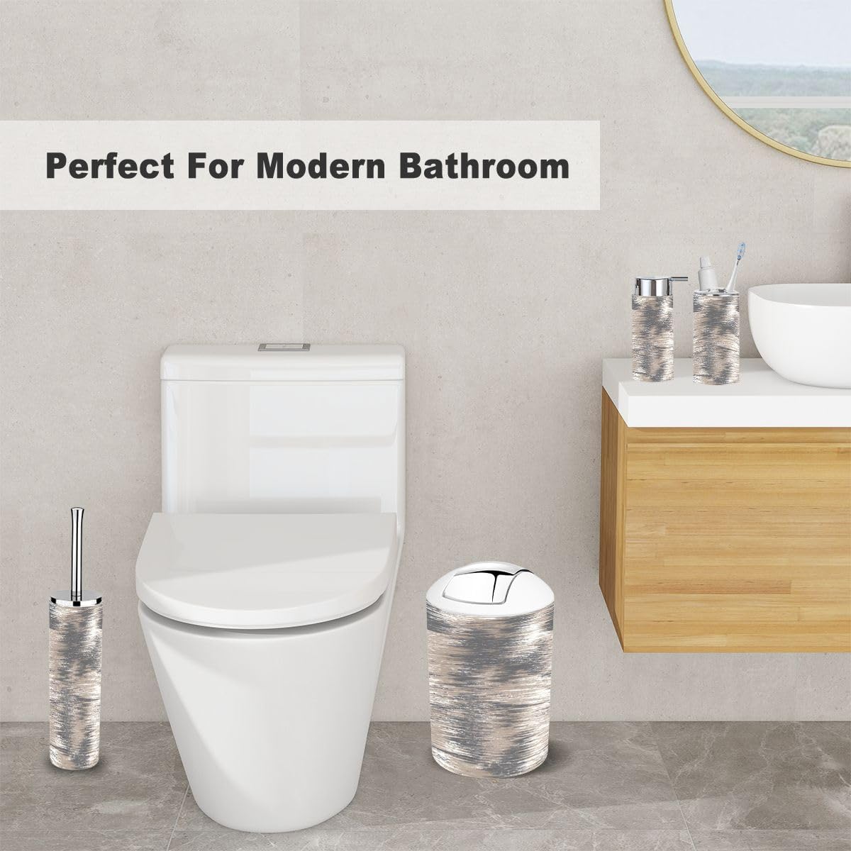 6-Piece Bathroom Accessory Set in Washed Grey Beige White
